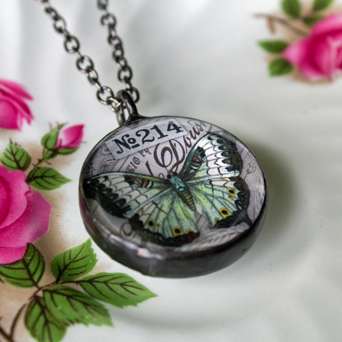 Luna Moth & Butterfly Soldered Glass Double Sided Pendant